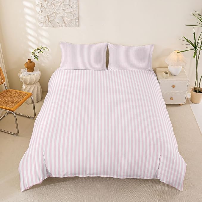 Erosebridal Pink White Stripe Bedding Set Queen Geometric Striped Duvet Cover for Kids Teens Farmhouse Ticking Stripes Comforter Cover Horizontal Stripes Modern Abstract Bed Set with Zipper