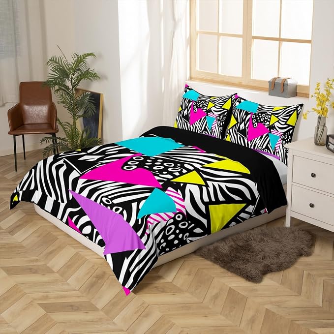 Leopard Print Bedding Set Queen Size Wild Animal Skin Black and White Duvet Cover,Vintage 80s 90s Memphis Comforter Cover Mens Hipster Hip-Hop Geometric Quilt Cover Wildlife Fur Spot Room Decor
