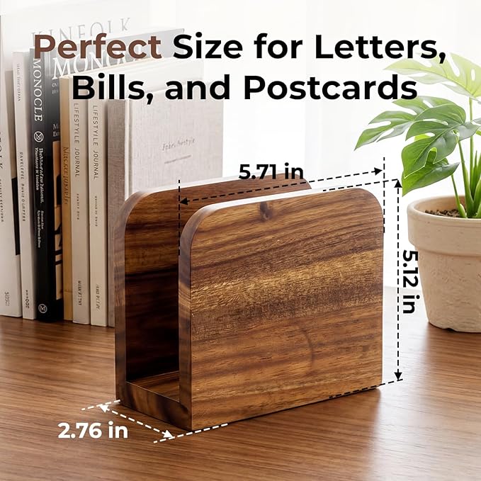 Acacia Wood Mail Organizer Countertop -Small Letter Holder for Desk, Rustic Farmhouse Decor, Upright Bill postcards, and notepads Stand for Entryway & Office，Also Works as Napkin Holder