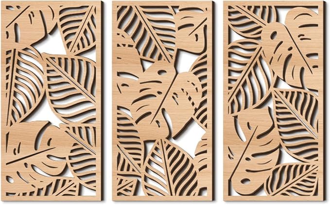 3 Pcs Tropical Leaf Wood Wall Art Decor, Wooden Palm Leaves Wall Hanging Decor, 3D Hollow Carved Craft Art Set, Boho Abstract Wall Sculptures Panels Decoration for Home Living Room Bedroom Kitchen (A)
