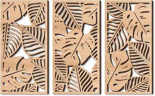3 Pcs Tropical Leaf Wood Wall Art Decor, Wooden Palm Leaves Wall Hanging Decor, 3D Hollow Carved Craft Art Set, Boho Abstract Wall Sculptures Panels Decoration for Home Living Room Bedroom Kitchen (A)