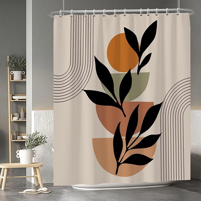 Baocicoo Boho Mid Century Shower Curtain Set Modern Minimalistic Leaves Shower Curtain for Bathroom Dormitory Bathtub Decor Durable Fabric Waterproof Curtain for Bathroom with Hooks 72x84 Inches