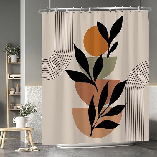 Baocicoo Boho Mid Century Shower Curtain Set Modern Minimalistic Leaves Shower Curtain for Bathroom Dormitory Bathtub Decor Durable Fabric Waterproof Curtain for Bathroom with Hooks 72x84 Inches
