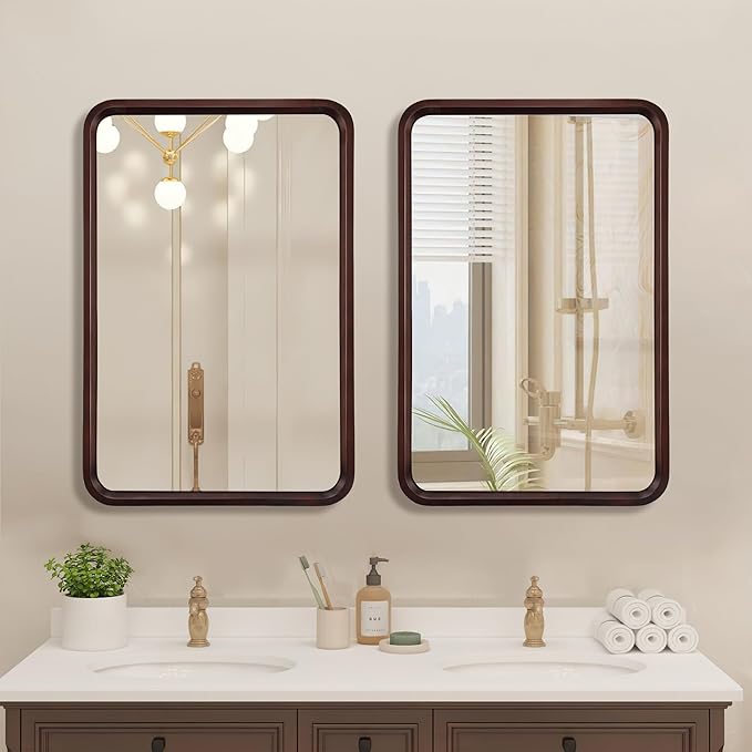 Bathroom Mirror for Wall,Wood Rectangle 24 x 36 inch Hanging Vatiny Tempered Mirrors with Rounded Corner for Living Room,Bedroom,Entryway