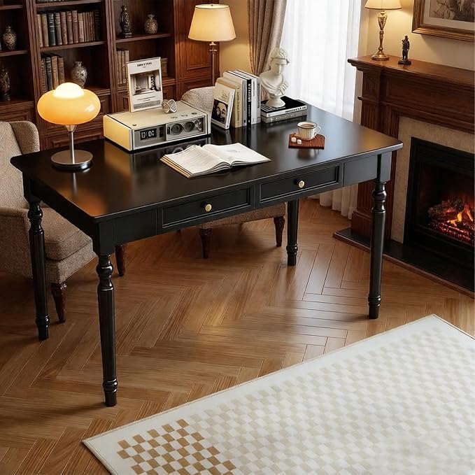 Rubberwood Office Desk with Drawers, Black Retro Style Study Desk, Desk, Country Style Wood Desk, Solid Wood Computer Table for Office,Living Room 55.1×23.6×29.5 inch