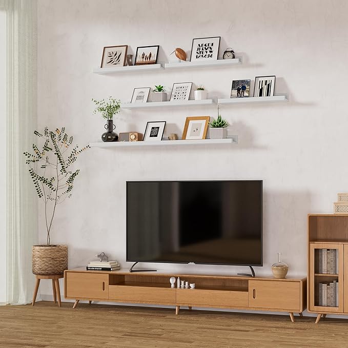 Heimlove Picture Ledge Shelf,48 inch Long Floating Shelves for Wall Set of 2,White Picture Shelf with Lip for Wall Decor,Living Room,Bedroom,Bookshelf,Nursery,Perfume