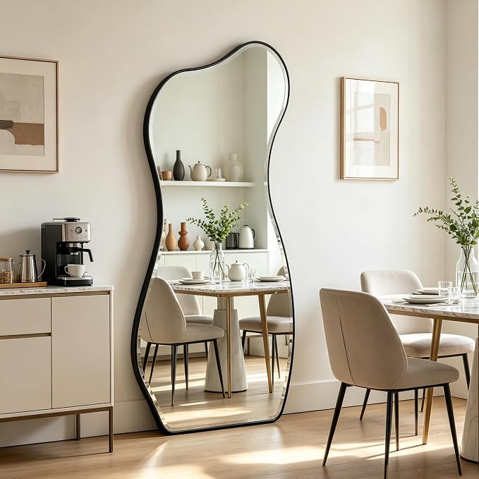 POZINO Large Irregular Beveled Mirror, 63"x32" Asymmetrical Wall Mirror with Metal Frame, Full Length Organic Floor Mirrors for Entryway Living Room Cloakroom Hallway, Leaning/Wall-Mount
