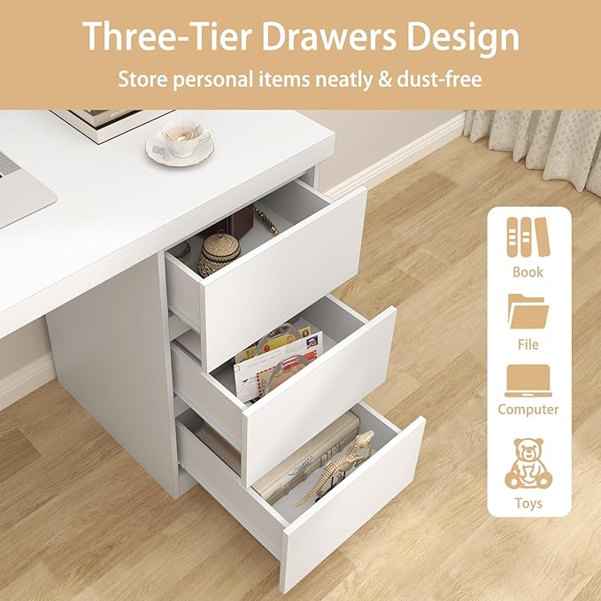 furtble White Desk with Drawers, 43'' W Home Office Computer Desk Gaming Table, Modern Vanity Desk with Storage, Wood Writing Workstation for Bedroom, Living Room, White