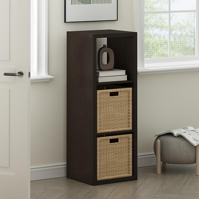 Furinno Cubicle Book Shelf, 3-Cube Bookshelf, Extra Thick Frame Horizontally & Vertically Reversible Bookcase with Open Back, 14.6" x 16" x 44", for Living Room, Bedroom, Home Office, Black Dark Oak