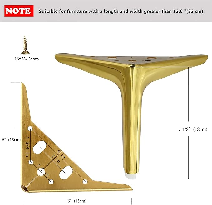 7 inch /18cm Shiny Gold Metal Furniture Legs Set of 4, Modern Style Furniture Legs, DIY Replacement for TV Stand, Sofa, Chair, Cabinet Cupboard