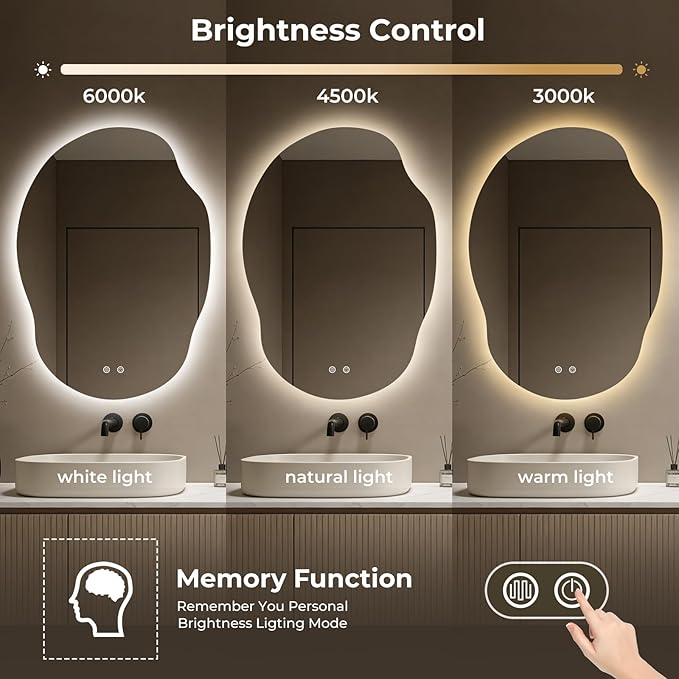 LED Bathroom Mirror with Lights, Asymmetrical Irregular Backlit Vanity Mirror, 35" H x 25" W, Anti-Fog, Dimmable 3 Color Temperature, Memory Function, Hardwired Wall Mounted, Horizontal or Vertical