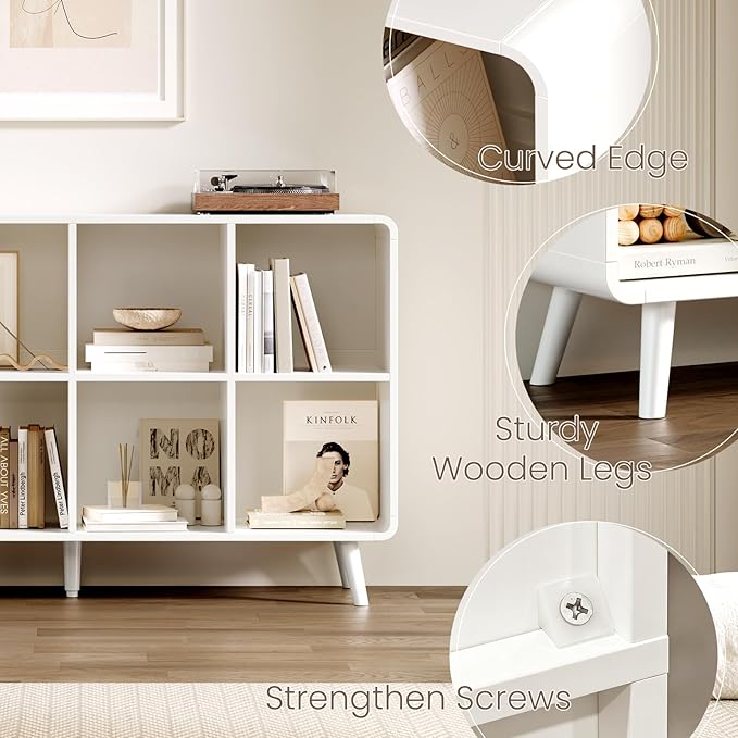 EXPERLAM White 8 Cube Storage Organizer with Legs and Rounded Edges, Mid Century Cube Bookshelf, Low Horizontal Cube Shelf Bookcase for Living Room, Bedroom, Entryway
