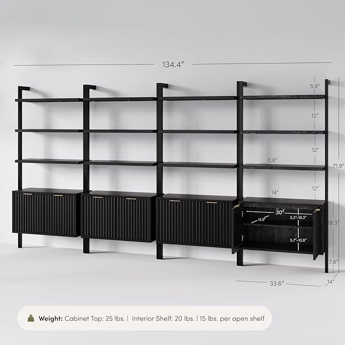 Nathan James Jasper 3-Shelf Solid Wood Boho Bookshelf, Wall Mounted Bookshelf with Cabinet with Fluted Doors, Black Oak, Set of 4