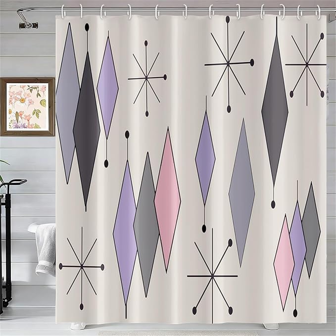 Boho Mid Century Shower Curtain Abstract Purple Grey Pink Diamond Geometric Atomic Starburst Pattern Beige for 1950s Retro Bathroom Decor Shower Curtain Set with 12 Hooks, 48x72 Inches