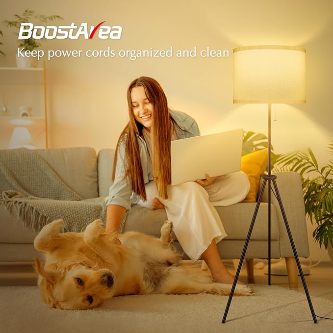 BoostArea Mid Century Standing Lamp, 59.5" Tripod Floor Lamp with White Linen Lamp Shade for Living Room, Bedroom, Study Room, Office (Bulbs Not Included)
