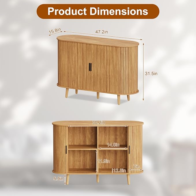 Fluted Sideboard Buffet Cabinet with Sliding Doors, Curved Edge Design for Dining Room Kitchen Living Room, Console Table Credenza with Storage (Natural)