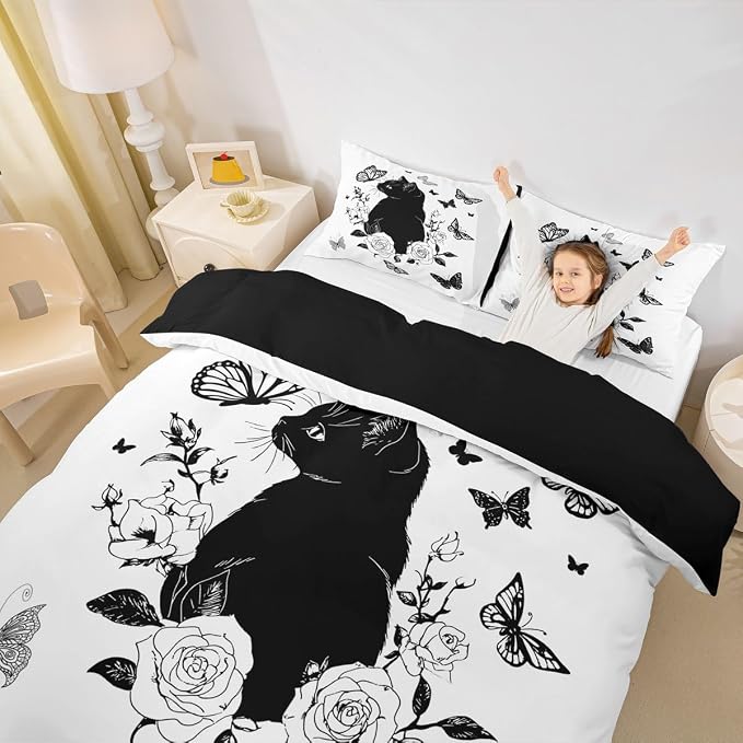 Erosebridal Elegant Cat Duvet Cover Twin Black Floral Butterfly Bedding Set Black and White Comforter Cover for Kids Girls Boys Adults Cute Animal Bed Set