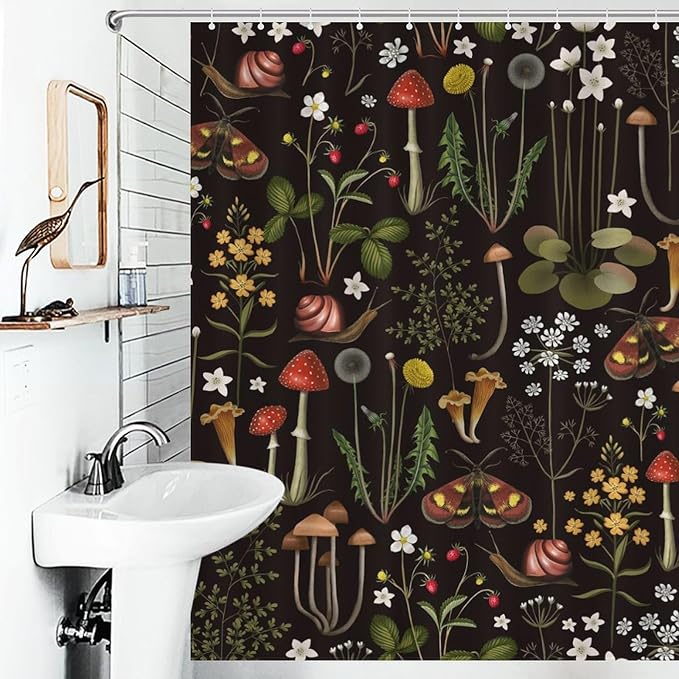 Mushroom Shower Curtain, Retro Wild Floral Botanical Mushroom Floral Moth Cottagecore Nature Plants Leave Herbs Black Farmhouse Waterproof Fabric Bathroom Shower Curtain Set with Hooks, 72"x72" Inch