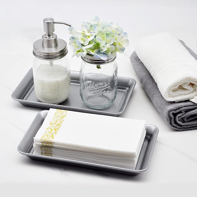 Vintage Farmhouse Decor Metal Vanity Tray, 2 Pack Countertop Guest Hand Towel Storage Organizer Tray Dispenser, Sturdy Holder for Perfume,Cosmetics, Jewelry, Makeup Bathroom Organizer -Stainless Steel