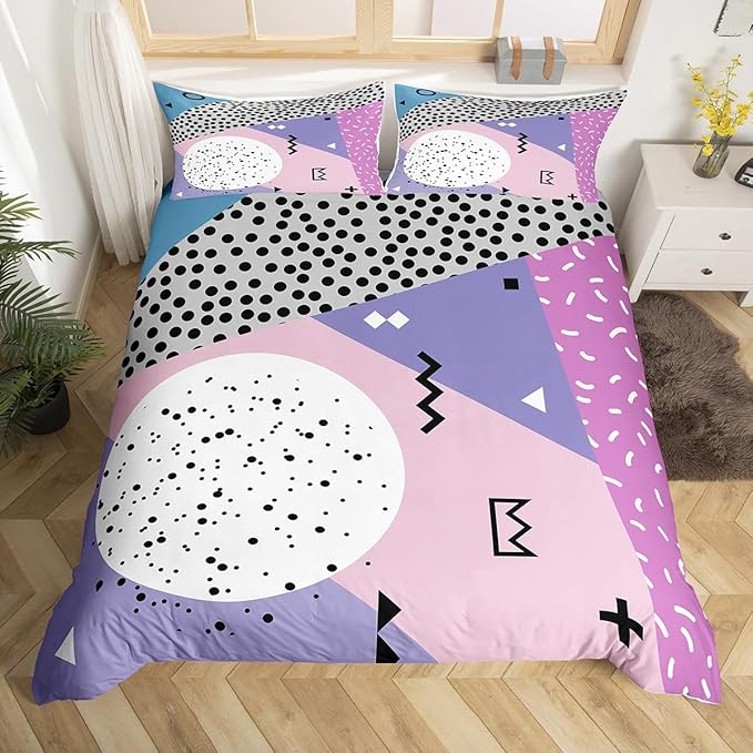 Manfei Memphis Duvet Cover Set King Size, Abstract Geometric Retro Bedding Set 3pcs for Kids Girls, 80s or 90s Fashion Style Comforter Cover Soft Polyester Quilt Cover with 2 Pillowcases,No Comforter