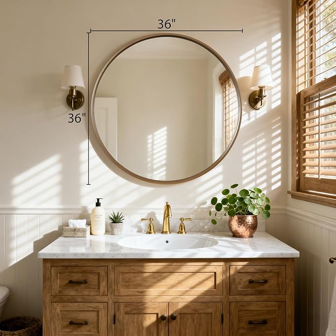 HOMECOOKIN Round Wood Mirror 36 inch Circle Wall Mirror for Bathroom, Vanity, Entryway, Living Room Decor, Natural Oversized Mirror