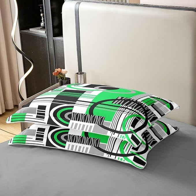 Erosebridal Art Deco Mid Century Duvet Cover Set Retro Modern Abstract Geometric 100% Cotton Comforter Cover Black and White Green Circles Stripes King Bedding Set, Contemporary Bed Sets