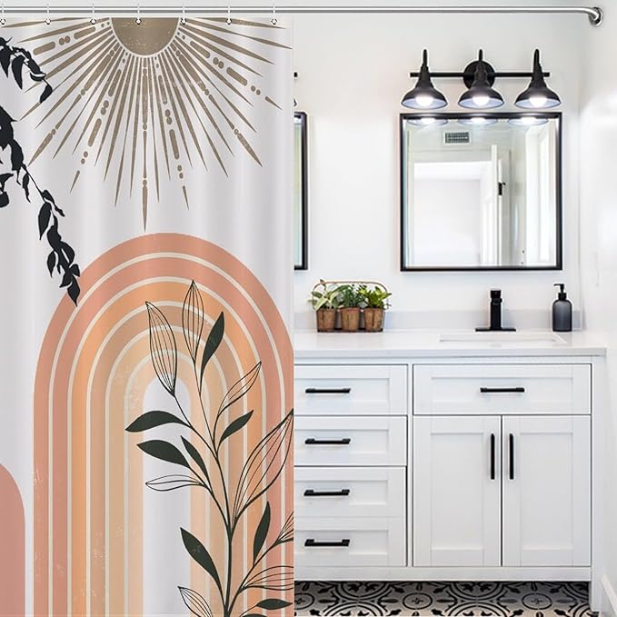 Mid Century Abstract Boho Shower Curtains Geometric Leaf Sun Modern Cafe Waterproof Shower Curtains for Bathroom Decor 12 Pack Hooks 55x72in（140x183cm）