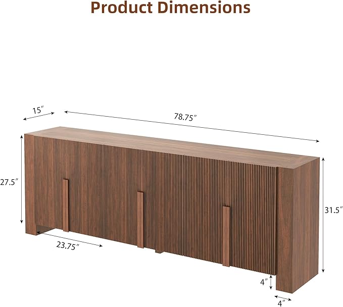 Fluted Sideboard Buffet Cabinet with Storage Cabintes, Farmhouse Storage Credenza Cabinet with Shelves, 78.75" Large Coffee Bar TV Stand for Living Room Kitchen Dining, Walnut
