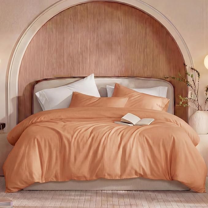 100% Washed Cotton Duvet Cover King Size – Burnt Orange, Linen-Like Texture, Super Soft & Breathable Bedding Set, 3-Piece Durable Percale Comforter Cover
