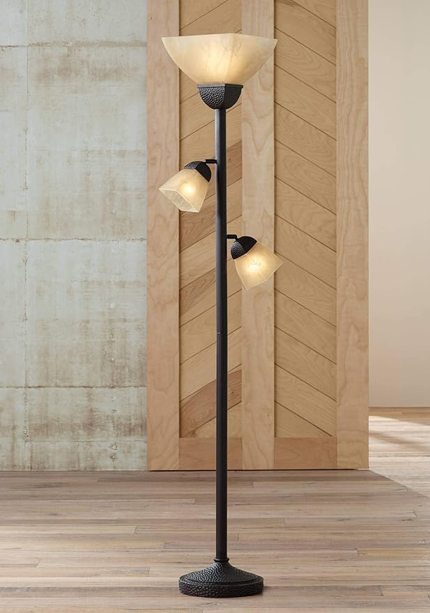 Franklin Iron Works Rustic Farmhouse Mission Torchiere Floor Lamp 71 1/2" Tall Roman Bronze 3-Light Frosted Champagne Amber Glass Shade for Living Room Reading Bedroom Office House Home Decor