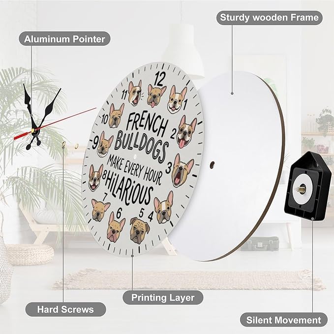 Funny French Bulldog Wooden Wall Clock Silent Non Ticking 10/12 Inch Battery Operated Dog Lover Gift for Kitchen Living Room Bedroom Office Decor