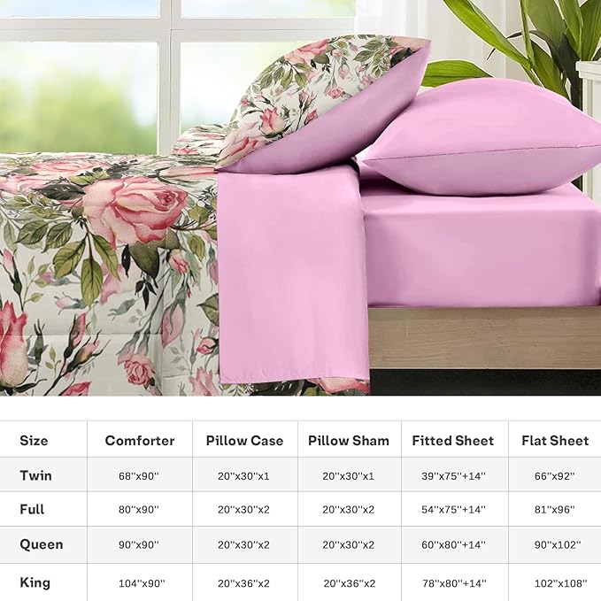 Nesker 7 Pcs Comforter Set Queen Size, Vintage Summer Rose Flower Bedding Set for Kids and Adults, Shabby Chic Herbs Sheets Bed Sheet Sets with Fitted Sheet 2 Pillowcases & 2 Shams