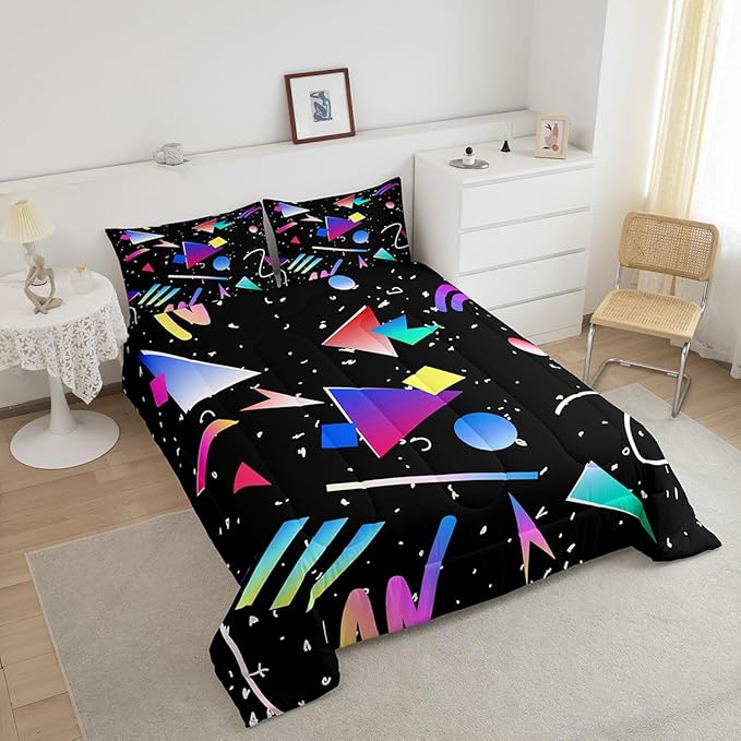 Manfei Memphis Comforter Set Twin Size, Colorful Geometric Abstract Bedding Set 2pcs for Kids Boys Girls, Retro 80s 90s Fashion Style Quilt Set Soft Polyester Duvet Set with 1 Pillowcase