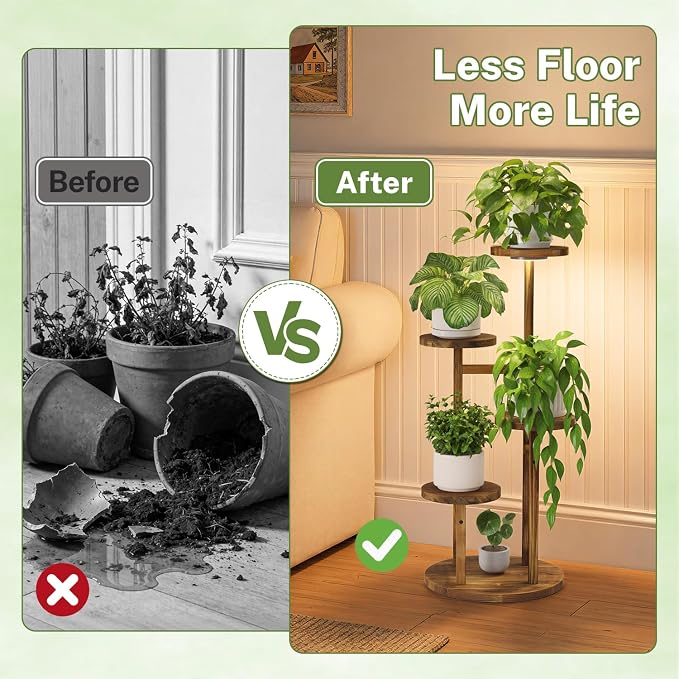 iDavosic.ly 4 Tier Plant Stand Indoor with Grow Light, Tiered Corner Wood Multiple Flower Holder Shelf, Tall Orchid Display Rack for Living Room Bedroom, Brown