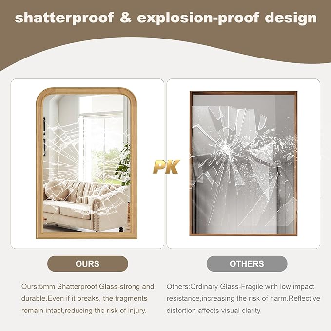 HOMECOOKIN 20" x 30" Wood Framed Mirror Bathroom Mirrors for Wall, Natural Arched Wood Bathroom Vanity Mirror for Entryway, Living Room or Bedroom Home Decor