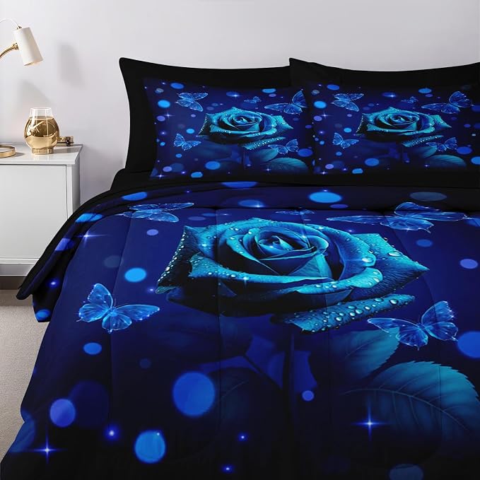 Nesker 7 Pcs Comforter Set Full Size, Blue Rose Floral Flower Bedding Set for Kids and Adults, Romantic Valentine Bed Sheet Sets with Fitted Sheet 2 Pillowcases & 2 Shams