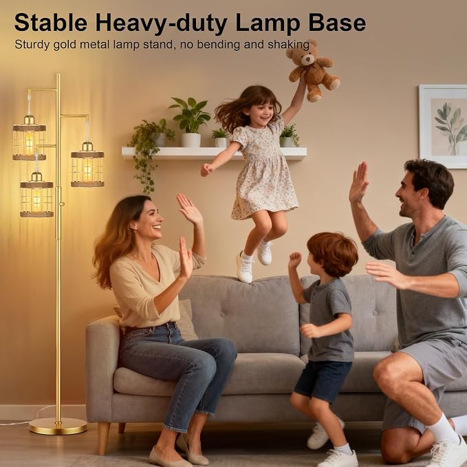 QiMH Industrial Floor Lamps for Living Room, Tree Standing Lamp with Stepless Dimmable, 68" Tall Lamps for Bedroom Study, 3 LED Bulbs Included, Gold