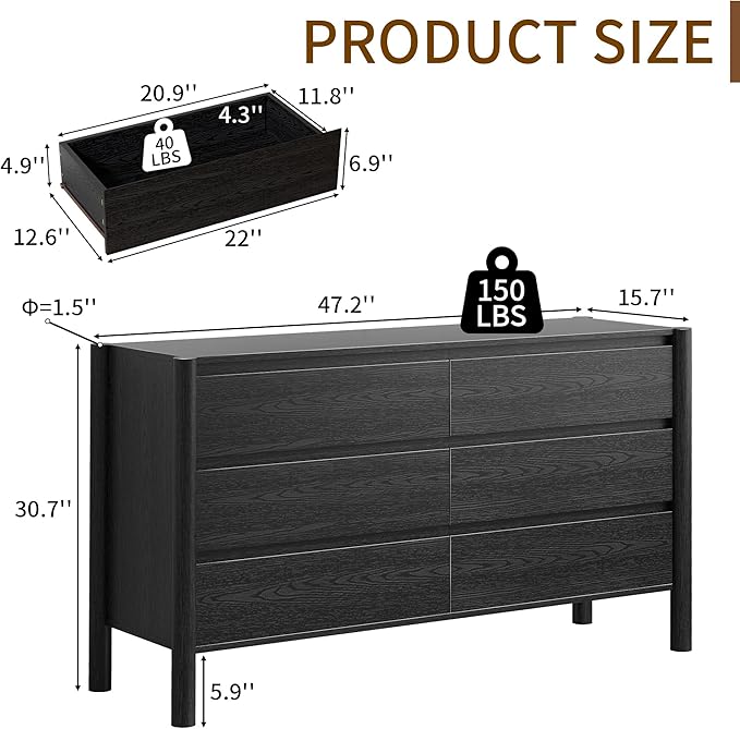 CHUWELL Dresser for Bedroom, 47" Wide Mid Century Chest of Drawers with 6 Large Storage Space and 4 Solid Wood Cylindrical Legs (Black)