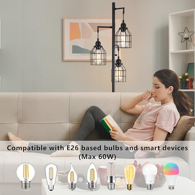 9MMML Floor Lamp for Living Room, Farmhouse Industrial Dimmable Floor lamp,3 Lights Metal Cage Tree Standing Lamp,68", 3Pcs Led Bulbs Included