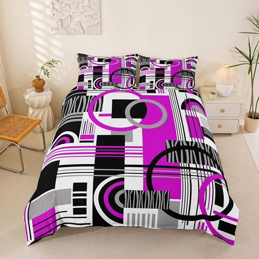 Art Deco Mid Century Duvet Cover Set Retro Modern Abstract Geometric Full Size Bedding Sets for Kids Teens Child Black and White Purple Circles Stripes Comforter Cover Contemporary Bed Set