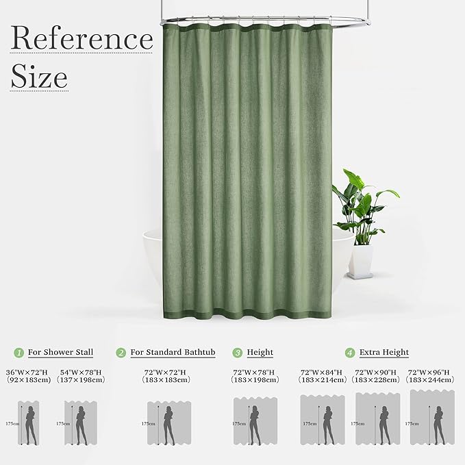 KGORGE Forest Green Shower Curtain for Bathroom, Linen Fabric Semi Sheer Lightweight Waterproof Thick Neutral Button Hole Shower Curtains for Bathtub, 72 x 72 inches Long, 12 Hooks Included, 1 Panel