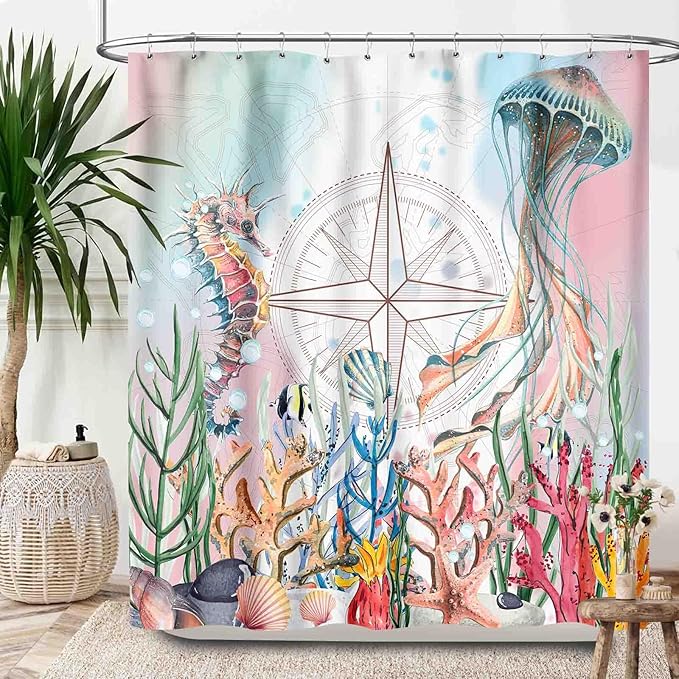 Coastal Jellyfish Shower Curtains,Beach Nautical Ocean Starfish Seashell Seahorse Underwater Animal Theme Bathroom Curtain Waterproof Fabric Machine Washable with Hooks,72x78Inch