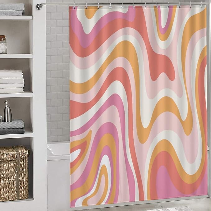Hippie Shower Curtain for Bathroom, Retro Groovy 70s Pink Wave Abstract Swirl Funky Trippy Vintage Boho Aesthetic Waterproof Fabric Shower Curtain Set with Hooks, 72"x84"