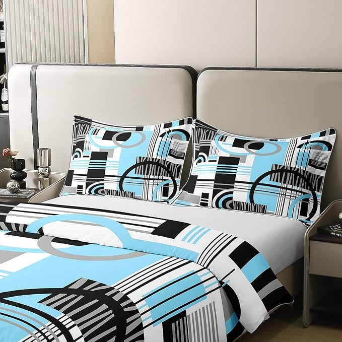 Erosebridal Art Deco Mid Century Duvet Cover Set Retro Modern Abstract Geometric 100% Cotton Comforter Cover Black and White Sky Blue Circles Stripes King Bedding Set, Contemporary Bed Sets