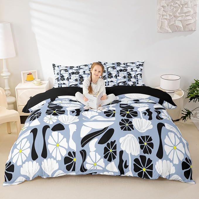 Erosebridal Mid Century Boho Comforter Cover Full Cute Blue White Floral Plant Patchwork Bedding Set Modern Abstract Geometric Duvet Cover for Kids Adults,Vintage Aesthetic Bed Set