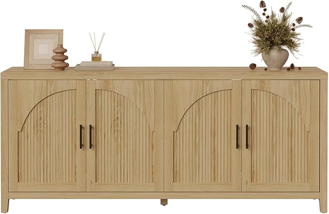 Bestier 70"W Sideboard Buffet Cabinet with Storage, Mid Century Credenza Storage Cabinet, 4 Doors Reeded Sideboard, Adjustable Shelves, Wood Buffet Long Cabinet for Living Room, Entryway, Coastal Oak