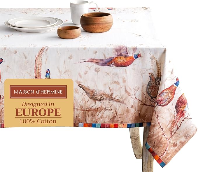 Maison d' Hermine Table Cloth Rectangle Table 100% Cotton 60 x 120 Inches Fall Tablecloth Reusable Everyday Use for Thanksgiving Christmas Decorations Dining Farmhouse Party (Faisan D'Automne)