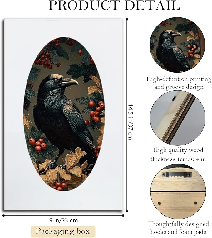 UYIKG Vintage Gothic Raven Wall Art Decor,Victorian Crow Oval Oval Wall Decor,Vintage Dark Academia Moody Cottagecore Wooden Framed Wall Decorations for Home Bedroom Church Prayer Room 9x14.6 in
