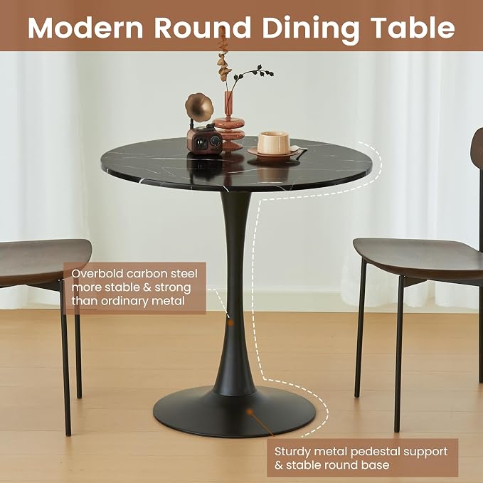 Round Dining Tulip Table for 2, Mid-Century Modern Table with Sturdy Metal Pedestal for Kitchen, Bistro, Cafe, Leisure (Faux Marble Black, 24 INCH)