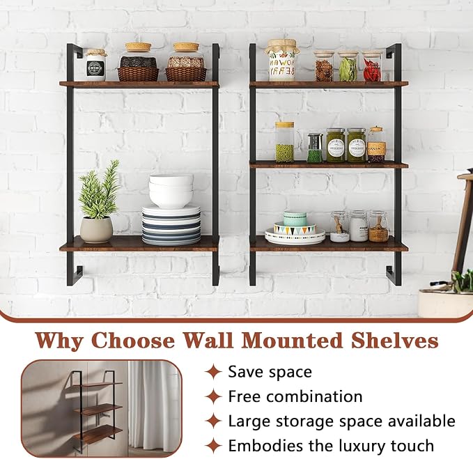 Anwick 3 Tier and 2 Tier Wood Wall Mounted Bookshelf with Metal Frame Wood Hanging Storage Bookcase, Open Storage Rack for Living Room, Home, Office, Bathroom, Bedroom and Plant Flower (black1)